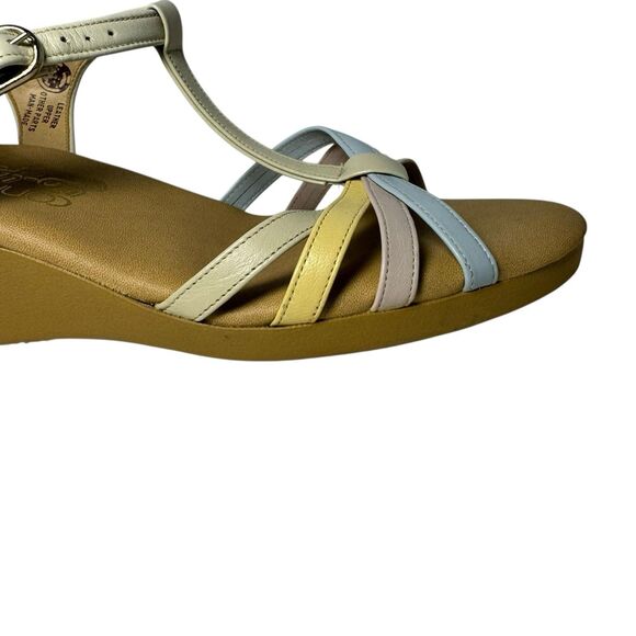 Vintage 70s Sandals YoYos Strappy Hippie Groovy Wedge Heel Pastel Leather 8.5 - Picture 14 of 16